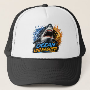 Ozean Unleashed Hai – Kühner blauer und orangefarb Truckerkappe