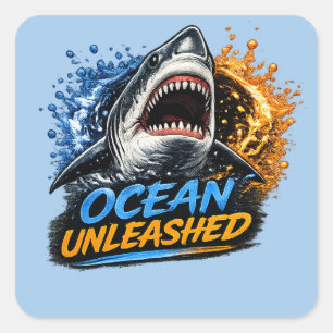 Ozean Unleashed Hai – Kühner blauer und orangener  Quadratischer Aufkleber