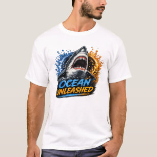 Ozean Unleashed Hai – Kühner blauer und orangener T-Shirt