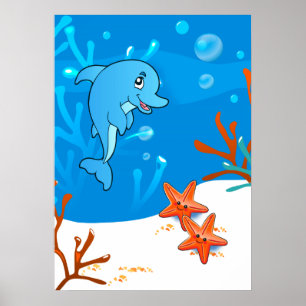 Ozean-Wasser-Cute-Delfin-Seestern-Plakat Poster