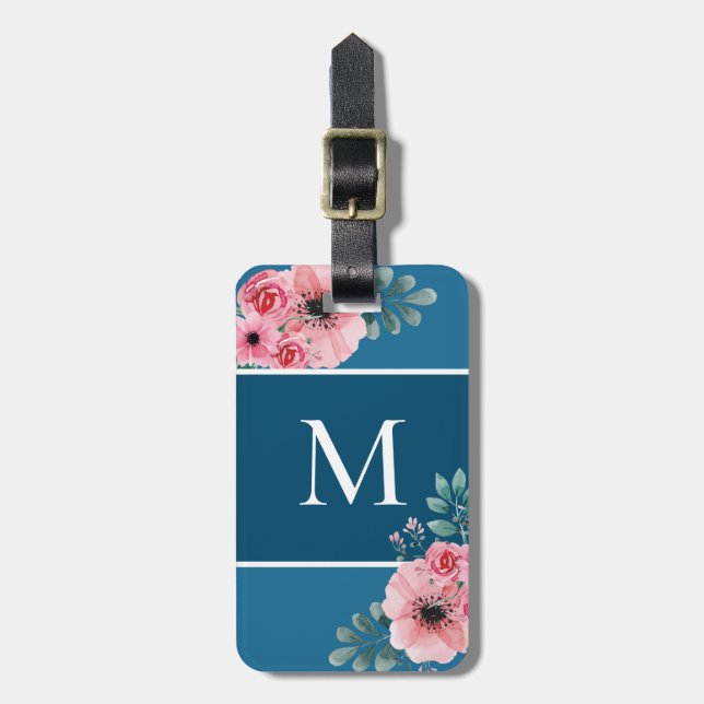 Ozeanblau | Einfaches Monogramm Gepäckanhänger (Vorderseite vertikal)