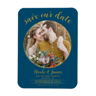 Ozeanblau und Gold Moderne runde Foto-Save-the-Dat Magnet