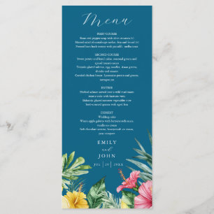 Ozeanblaue Aquarell-Tropenblumen-Hochzeit Menükarte