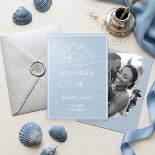 Ozeanblaue Küstenromantik-Hochzeit Save The Date (Von Creator hochgeladen)