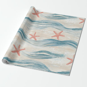 Ozeanblaue Seesterne Sandige Küste Wasserfarbe Geschenkpapier