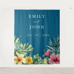 Ozeanblaue tropische Blumen Hochzeit Foto Hintergr Wandteppich