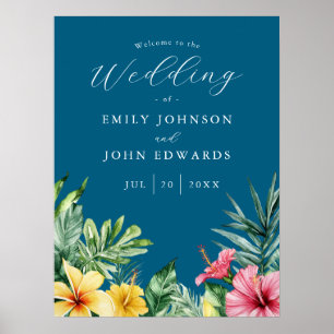 Ozeanblaue tropische Blumen Hochzeit Willkommenssc Poster