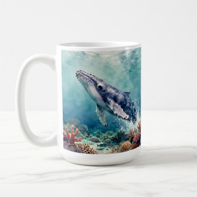 Ozeanblauer Wal und Küsten-Gedicht Kaffeetasse (Links)