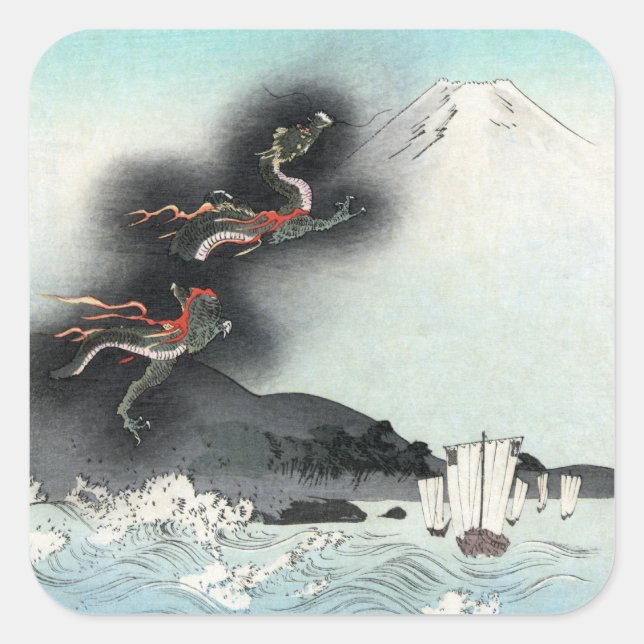 Ozeandrache auf dem Fuji HOKUSAI Ukiyo-e Quadratischer Aufkleber (Vorderseite)