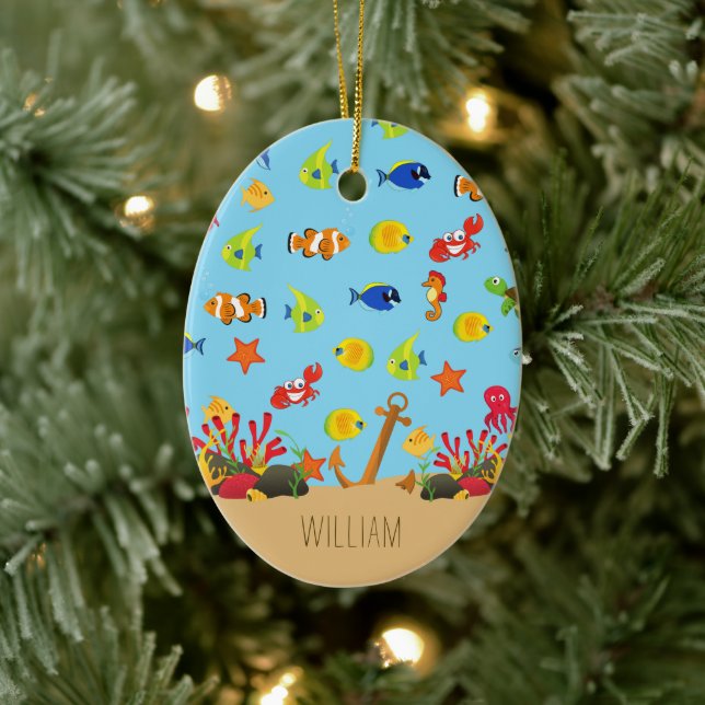 Ozeanfisch und Anker Kind Name Weihnachten Keramik Ornament (Baum)