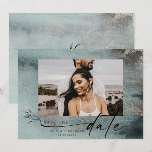 Ozeanische Teal-Wasserfarbe mit Gold-Foto Save The Date