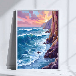 Ozeans Atem | Rocky Sea Sonnenuntergang Küste Aqua Poster