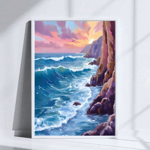 Ozeans Atem   Rocky Sea Sonnenuntergang Küste Aqua Poster