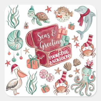 Ozeanschätze Meere & Grüße Weihnachten an der Küst Quadratischer Aufkleber