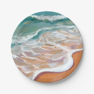 Ozeanstrand Aqua Blaue Wellen Strand Wasserfarbe Pappteller