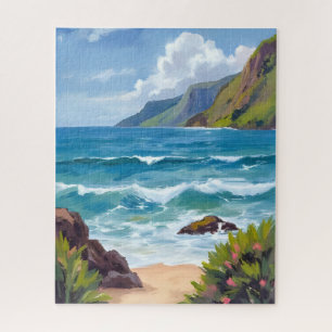 Ozeanstrand Blaue Wellen Aquarellmalerei Puzzle