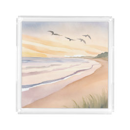 Ozeanstrand | Helle luftige Aquarellmalerei Acryl Tablett