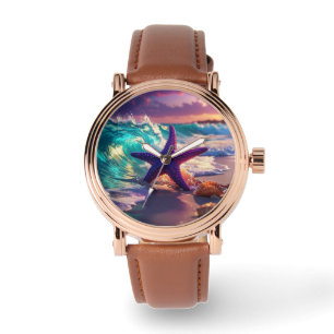 Ozeanstrand mit violettem Seestern Armbanduhr