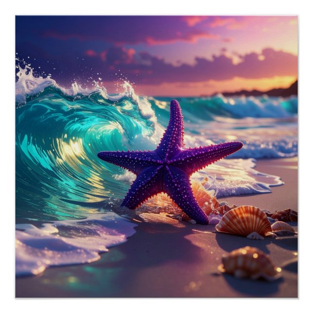 Ozeanstrand mit violettem Seestern Poster (Vorderseite)