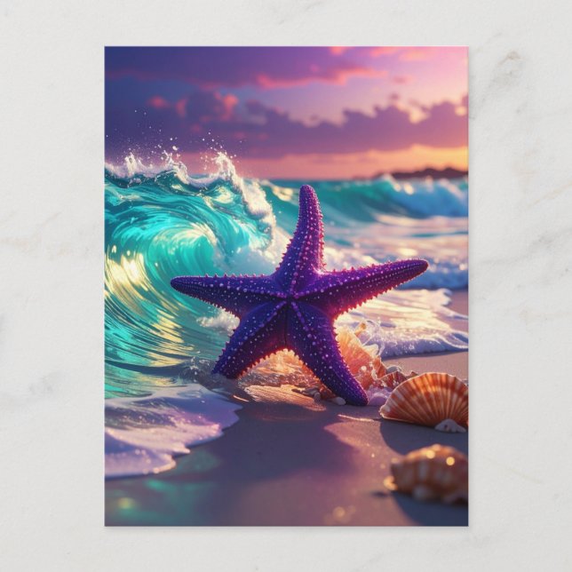 Ozeanstrand mit violettem Seestern Postkarte (Vorderseite)