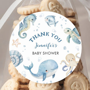 Ozeantiere Baby Shower Junge Blaue See Runder Aufkleber