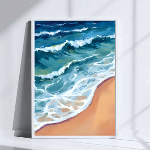 Ozeanwellen Blau Aquarell Küste Poster