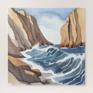 Ozeanwellen brechen Küstenstrand Aquarell Puzzle