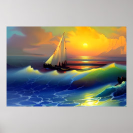 Ozeanwellen, Segelboote und Sonnenuntergänge Poster