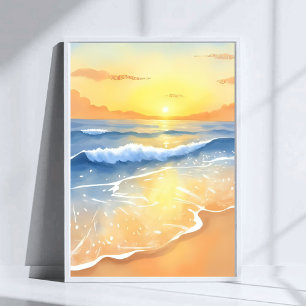 Ozeanwellen Sonnenuntergang   Strand Aquarell Poster