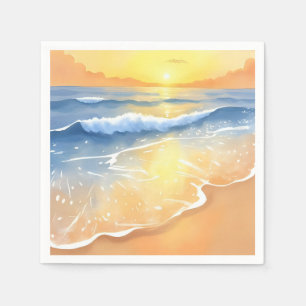 Ozeanwellen Sonnenuntergang   Strand Wasserfarbe Serviette