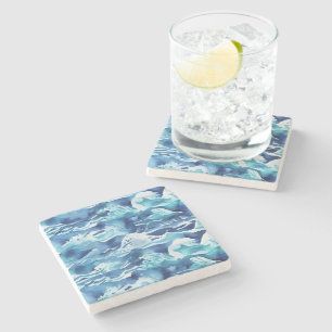 Ozeanwellen   Türkis Wasserfarbe Aqua Blau Steinuntersetzer
