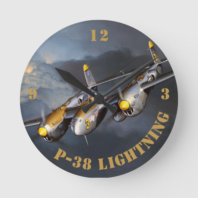 P-38 Blitze Runde Wanduhr (Vorderseite)