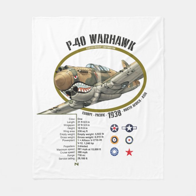 P-40 WARHAWK CURTIS FLYING TIGERS PLANE FLEECEDECKE (Vorderseite)