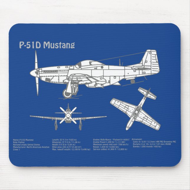 P-51D Mustang - Flugzeug-Blueprint ABD Mousepad (Vorne)
