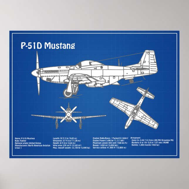 P-51D Mustang - Flugzeug-Blueprint ABD Poster (Vorne)