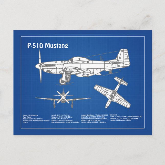P-51D Mustang - Flugzeug-Blueprint ABD Postkarte (Vorderseite)