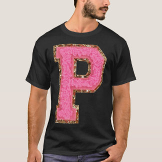P - Bubblegum Glitzer Varsity Letter Patches Stick T-Shirt