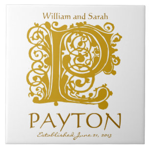 P Gold Monogramm auf Weiß - Namen Hochzeitdatum Ti Fliese