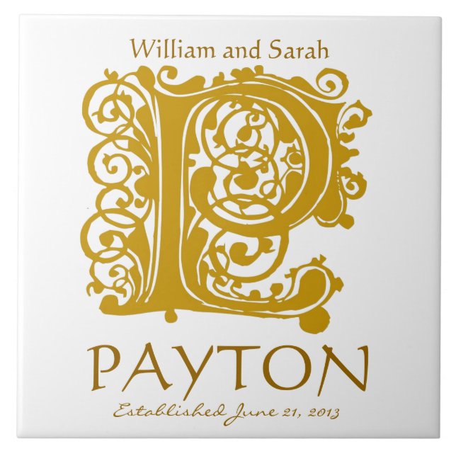 P Gold Monogramm auf Weiß - Namen Hochzeitdatum Ti Fliese (Vorderseite)
