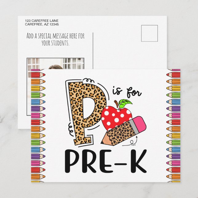 P ist für PRE K Back To School Teacher Foto Postkarte (Vorne/Hinten)