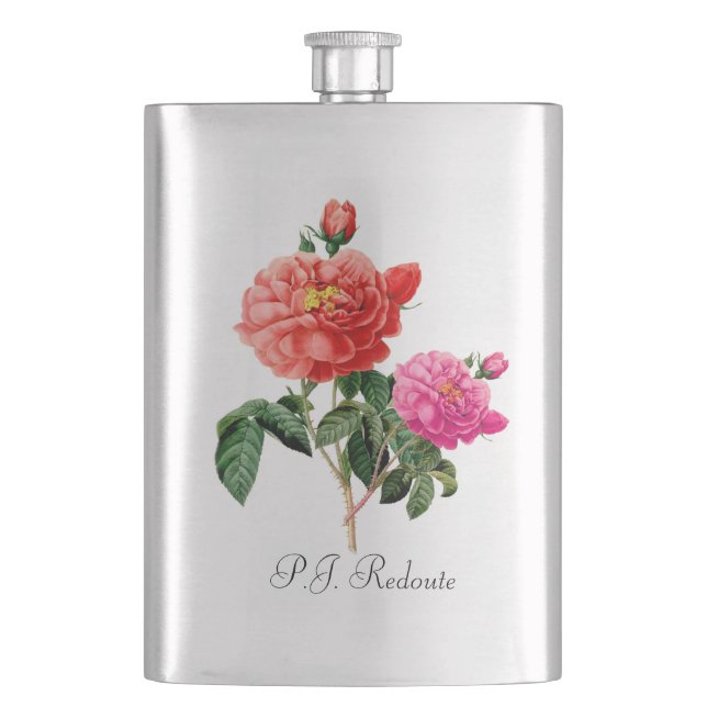 P.J. Redoute Rosa und rote Rose Blume Flachmann (Vorderseite)