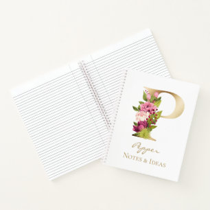 P Letter Gold Monogram Pink White Magenta Florals Notizbuch