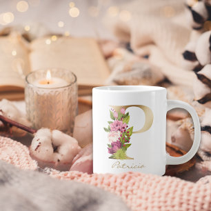 P Letter Gold Monogram Pink White Magental Floral Jumbo-Tasse