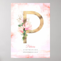 P Letter Monogram Gold Blätter Pink Magnolia Flora
