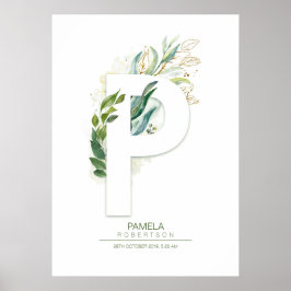 P Letter Monogram Gold Greenerage Foliage Chic Poster