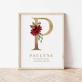 P Letter Monogram Name Marsala Floral Kinderzimmer Poster