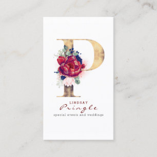 P Monogram Burgundy Gold und Navy Blue Floral Visitenkarte