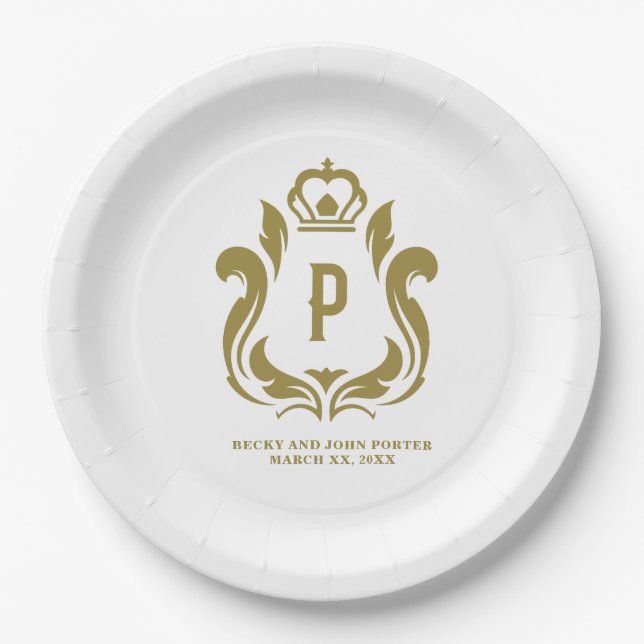 P Monogram Gold Wappen Pappteller (Vorderseite)