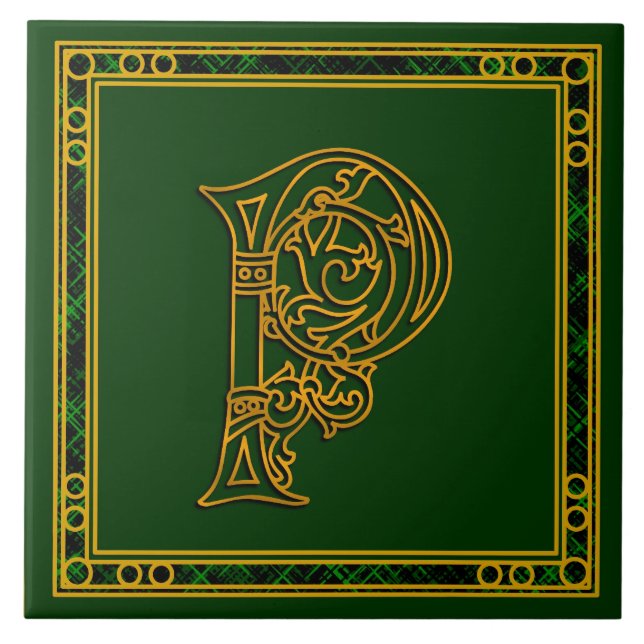 P Monogram "Irish Gold on Green" Keramik Tile Fliese (Vorderseite)