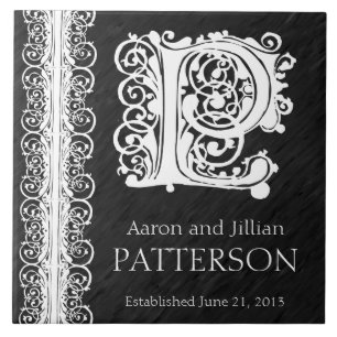 P Monogram "White Lace on Black" Hochzeitszange Fliese